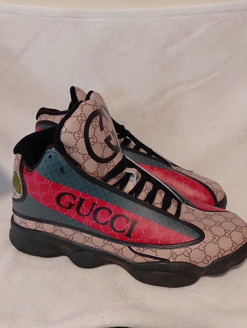Customized Luxury Look Men's Beige Monogram Sneakers with Red and Teal Accents
